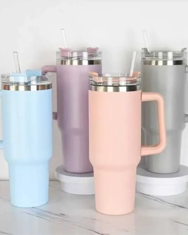 Custom printed insulated tumbler mugs in pastel colours, made in Karachi